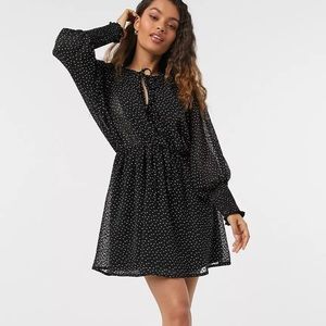 ASOS Design Petite Textured Tie Front Batwing Mini Dress in Mono Dots